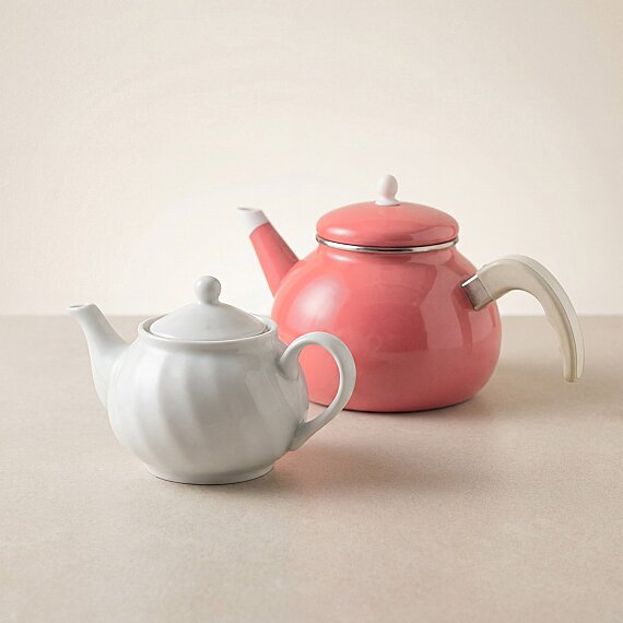 Porselen Demlikli Emaye Çaydanlık Takımı - Pembe - 2