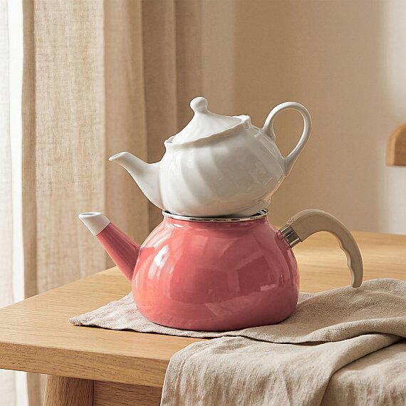 Porselen Demlikli Emaye Çaydanlık Takımı - Pembe - 3