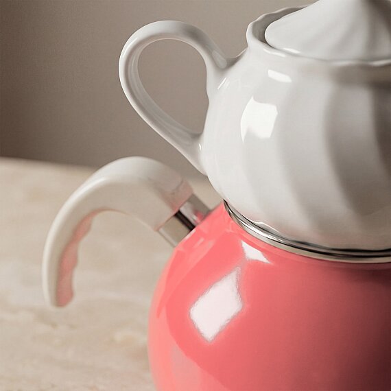 Porselen Demlikli Emaye Çaydanlık Takımı - Pembe - 4