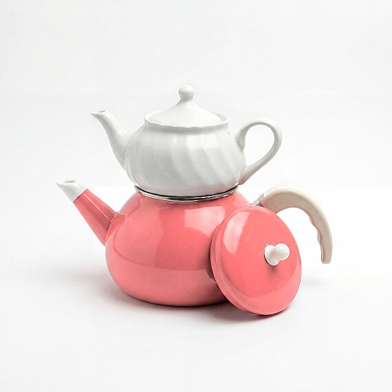 Porselen Demlikli Emaye Çaydanlık Takımı - Pembe - 5