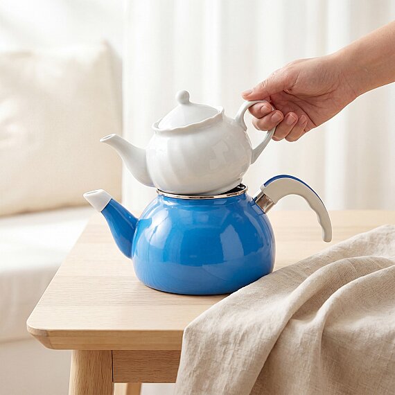 Porselen Demlikli Emaye Çaydanlık Takımı Turkuaz - 1