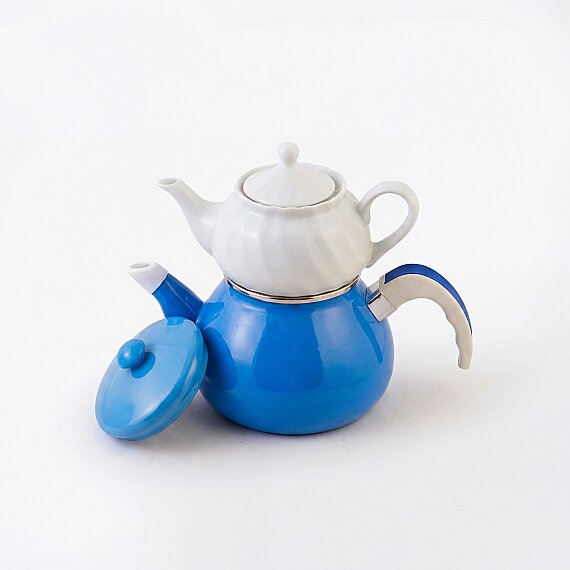 Porselen Demlikli Emaye Çaydanlık Takımı Turkuaz - 3