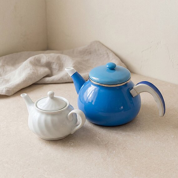 Porselen Demlikli Emaye Çaydanlık Takımı Turkuaz - 4