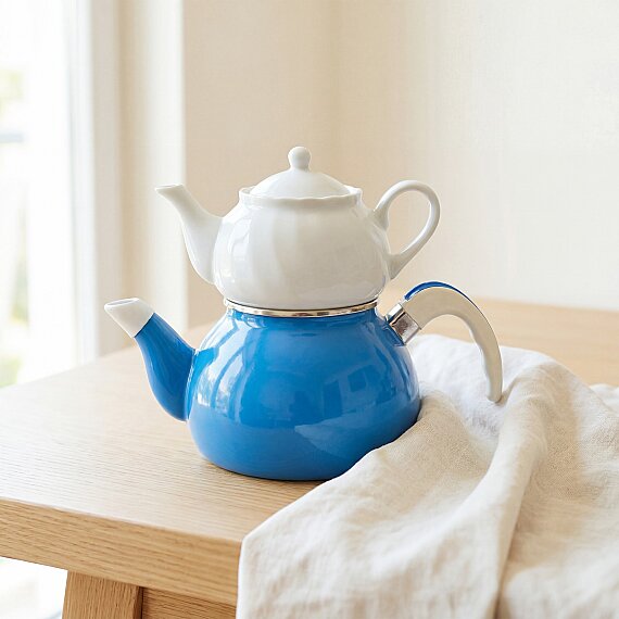 Porselen Demlikli Emaye Çaydanlık Takımı Turkuaz - 5