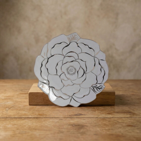Rose Premium Hand Made Platin Çiçek Şekilli Dekoratif Porselen Tabak 21 cm - 1