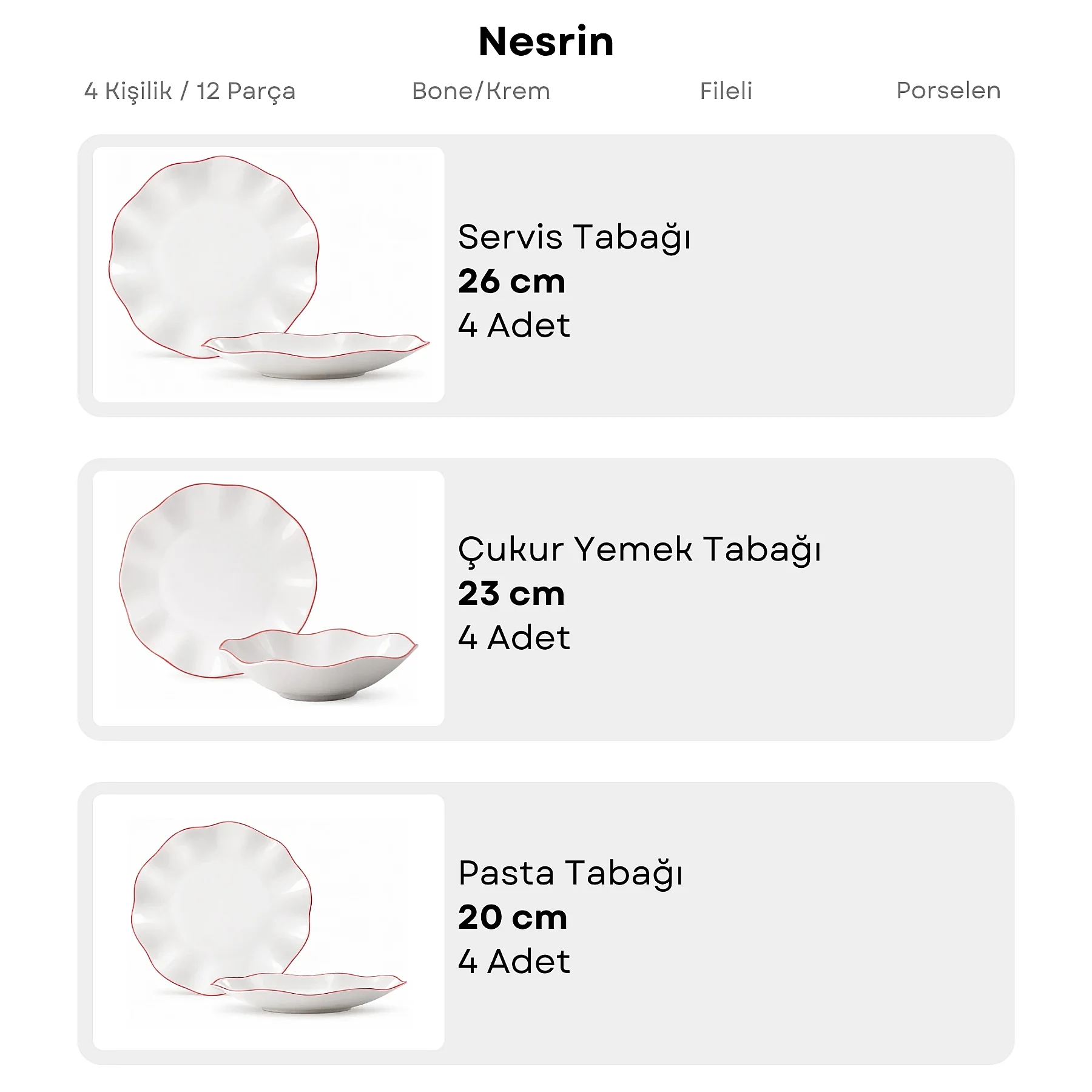 Nesrin Kırmızı Fileli 4 kişilik 12 Parça Yemek Takımı 30KMZ - 5