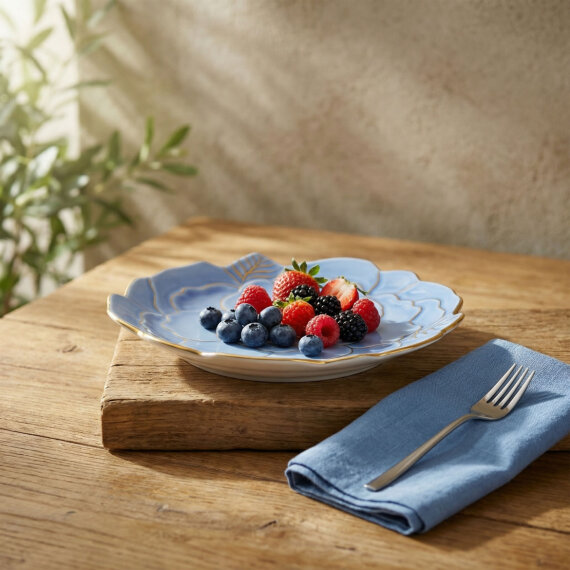 Rose Premium Hand Made Altın Yaldızlı Çiçek Şekilli Dekoratif Porselen Tabak 21 cm Mavi - 2