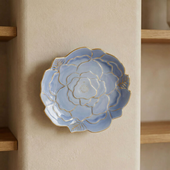 Rose Premium Hand Made Altın Yaldızlı Çiçek Şekilli Dekoratif Porselen Tabak 21 cm Mavi - 3