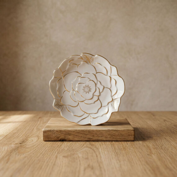 Rose Premium Altın Yaldızlı Çiçek Şekilli Dekoratif Porselen Tabak 21 cm - 2