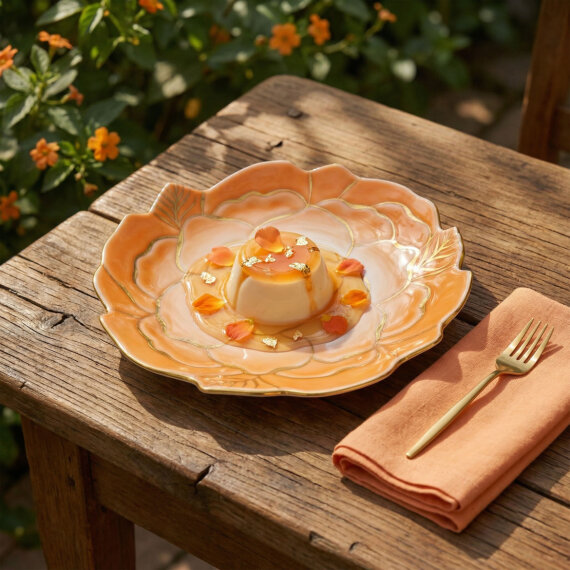 Rose Premium Hand Made Altın Yaldızlı Çiçek Şekilli Dekoratif Porselen Tabak 21 cm Turuncu - 2