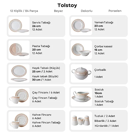 Tolstoy 84 Parça 12 Kişilik Porselen Yemek Takımı 6202 - 5