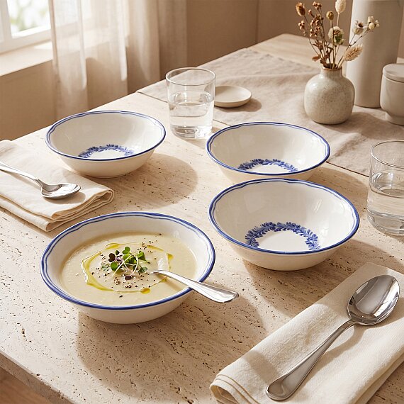 Yaprak Desenli 14 cm 4'lü Porselen Çorba ve Salata Kasesi Seti - 1