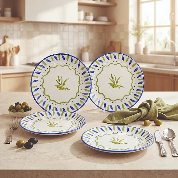 Zeytin Dalı 19 cm 4'lü Porselen Pasta Tabağı Seti - 1